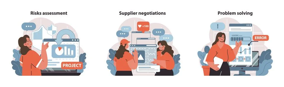 Project Management skills. Analyzing risks, negotiating with suppliers. Illustrazione stock