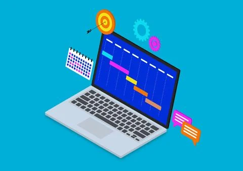 Project management software with laptop isometric Stockillustratie