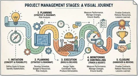 Project management stages visual journey with five key business steps Stock Illustration