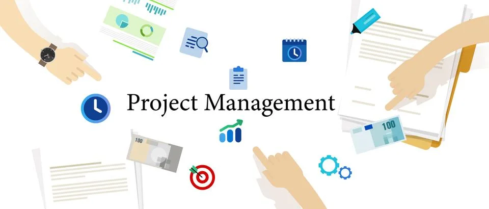 Project management teamwork planning setting tasks and target team communicat Stock Illustration