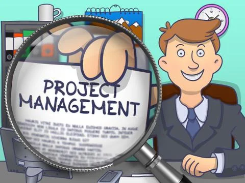 Project Management through Magnifier. Doodle Concept 스톡 일러스트