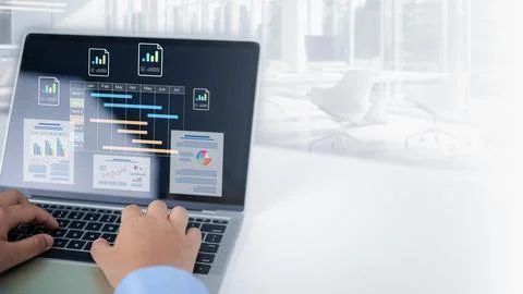 Project management tool and work schedule concept, Businessman use laptop t.. Stock Photos