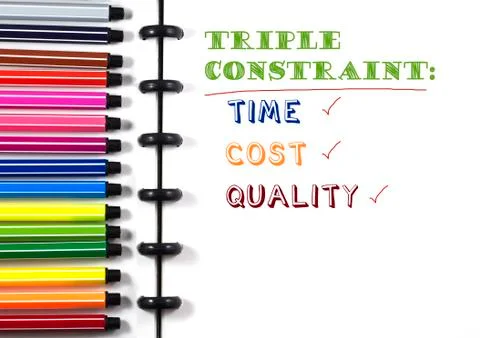 Project Management Triple constraint text on white sketchbook with color pen, to Foto stock