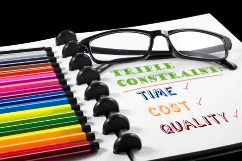 Project Management Triple constraint text on white sketchbook with color pen and Stock Photos