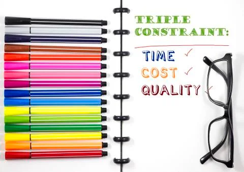 Project Management Triple constraint text on white sketchbook with color pen and Foto stock