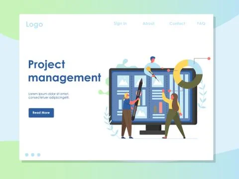 Project management vector website landing page design template Stock Illustration
