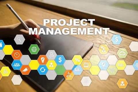 Project management on the virtual screen. Business concept. Fotos Stock
