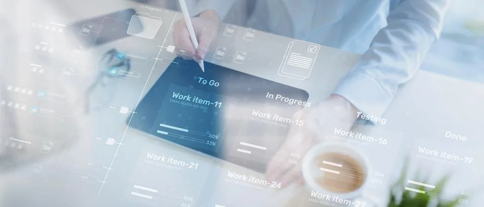 Project Management Workflow Visualization with Task Progress Tracking Dashboa 스톡 사진
