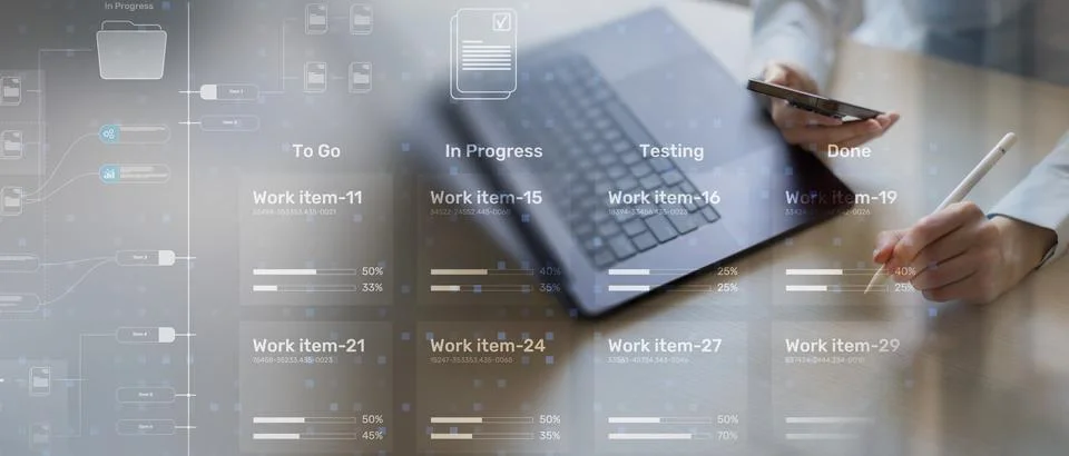 Project Management Workflow Visualization with Task Progress Tracking Dashboa 스톡 사진