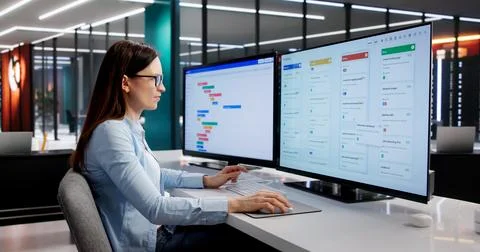 Project Manager Analyzes Comprehensive Multi-Screen Schedule With Focus And P 스톡 사진