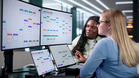 Project Manager And Team Discuss Workflow Automation Stock Footage 343885036
