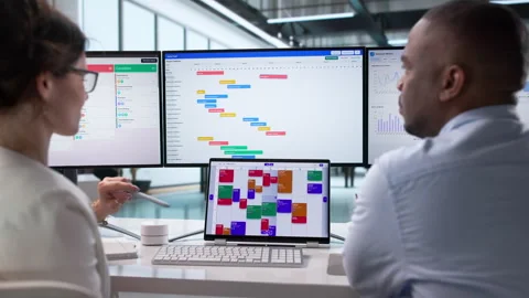 Project Manager And Team Member Reviewing Gantt Chart Progress Stock Footage 343881816