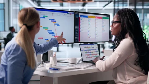 Project Manager And Team Member Reviewing Agile Sprint Schedule Progress Stock Footage 343884713