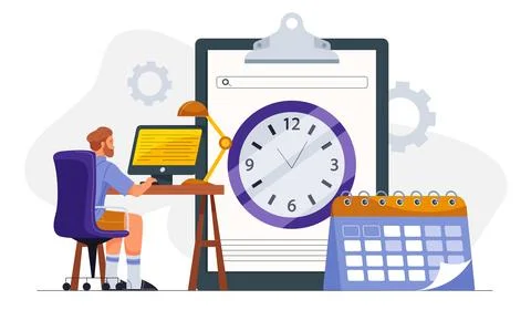 Project manager at computer. Man sitting near calendar and clocks. Planning and Stock Illustration