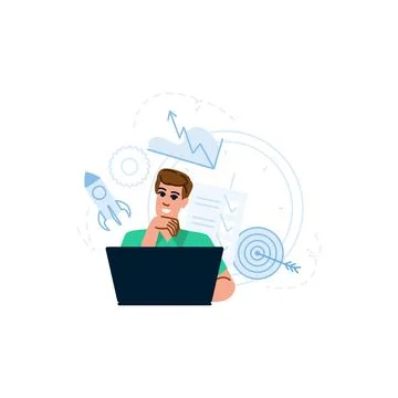 Project manager developing new business strategy, working on laptop surrounde Illustrazione stock