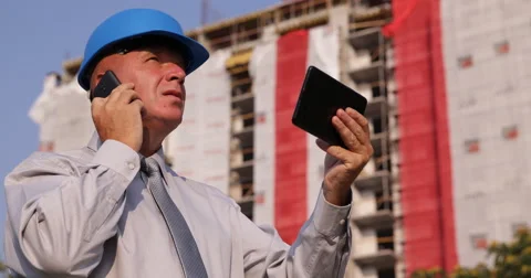 Project Manager Inspect Construction Site Talking Phone and Looking Tablet Plans 스톡 동영상 66890824