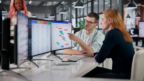 Project Manager Leading Diverse Team Through Software Development Stock Footage 332497127