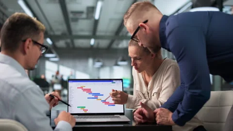 Project Manager Leads Diverse Team Reviewing Gantt Chart Schedule Video stock 337224548