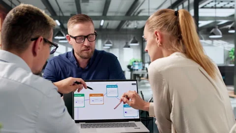 Project Manager Leads Diverse Team Optimizing Automated Workflow Stock Footage 338168916