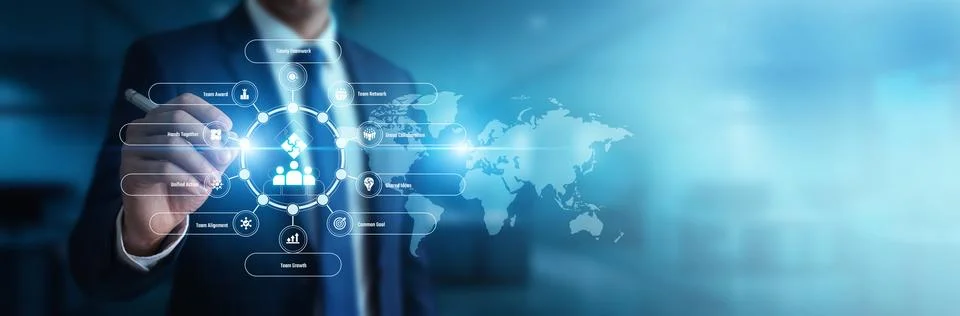 Project manager observing collaborative hubs pointing toward Teamwork integ.. Stock Photos
