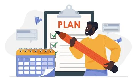 Project manager with pencil. Man puts tick in plan next to calendar. Planning Stock Illustration