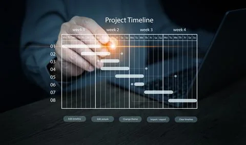 Project manager planning and schedule:. A man using a project timeline to e.. 스톡 사진