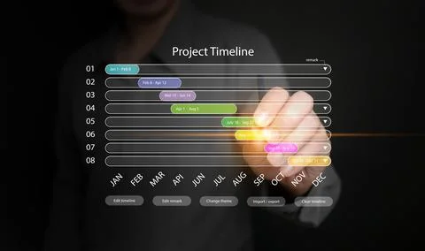 Project manager planning and schedule:. A man using a project timeline to e.. 스톡 사진