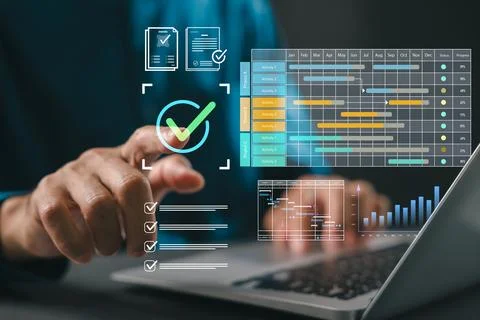 Project manager plans work using Gantt chart schedule, utilizes dashboard f.. Stock Photos