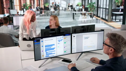 Project Manager Reviewing Document Workflow On Computer Video stock 332497498