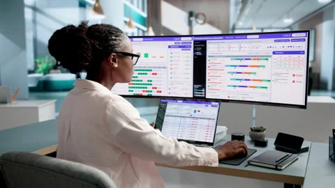 Project Manager Reviews Software Dashboard Tracking Billable Hours Stock Footage 345314718