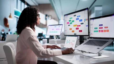 Project Manager Reviews Visual Strategy Diagram Using Laptop Stock Footage 339189100