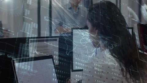 Project manager scrolling phone starting map and code overlay around developer Stock Footage 311217226