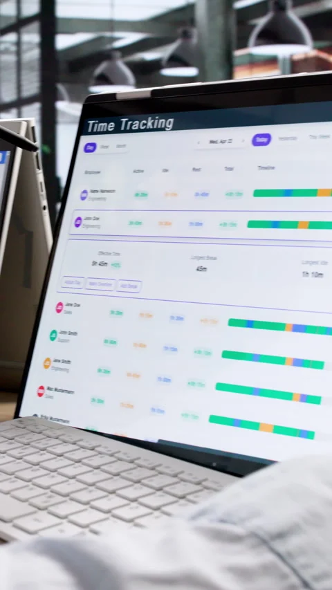 Project Manager Uses Digital Timesheet App On Hybrid Laptop Stock Footage 335881395