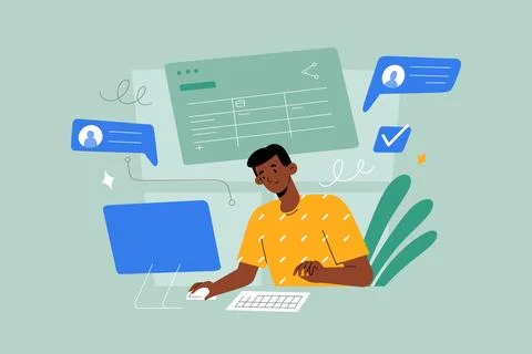 Project manager, using desktop, working on project in cloud, managing tasks Stock Illustration