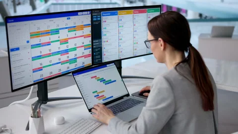 Project Manager Using Office Software For Time Schedule Stock Footage 331159293