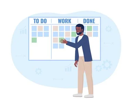 Project manager using scrum task board 2D vector isolated spot illustration Illustrazione stock