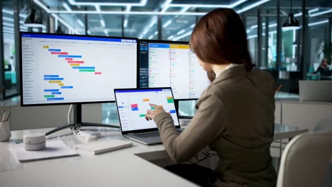 Project Manager Using Software To Control Time And Schedule Reporting Stock Footage 335879446