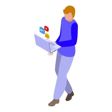 Project manager walking and managing social media strategy on laptop Ilustração Stock