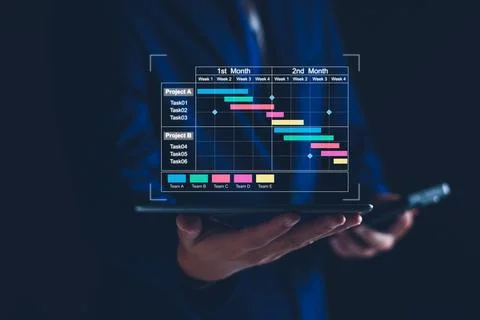 Project manager working on tablet and updating tasks and milestones progres.. Stock Photos