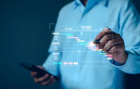 Project manager working on tablet. updating tasks and milestones progress pla Stock Photos