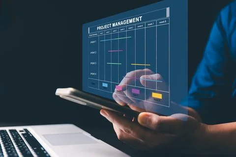 Project manager is working on virtual screen, using project management syst.. 스톡 사진