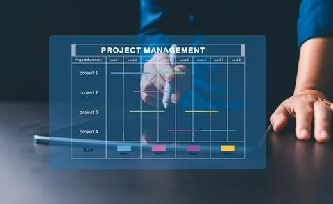 Project manager is working on virtual screen, using project management syst.. 스톡 사진