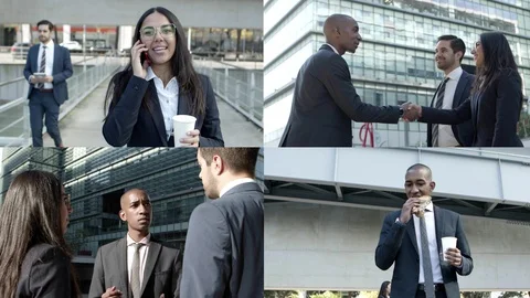 Project managers eating and drinking coffee outdoors Stock Footage 130015715