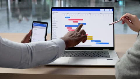 Project Managers Planning Schedule And Control Using Gantt Chart Stock Footage 330249768