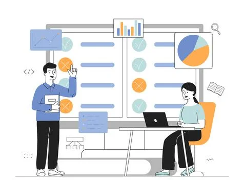 Project managers team. Man and woman near list of tasks, graphs and diagrams Stock Illustration
