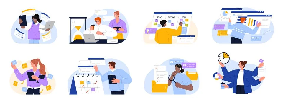 Project Managers Team Workflow Vector Set Stock Illustration