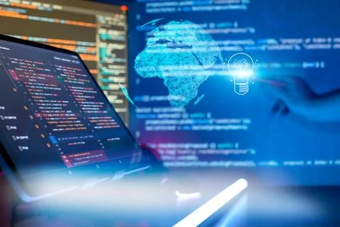 Project managers work new idea. Mobile app developer. Innovative startup pr.. Stockfoto's