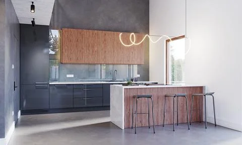 The project of a modern kitchen with a panoramic window. Stock Photos