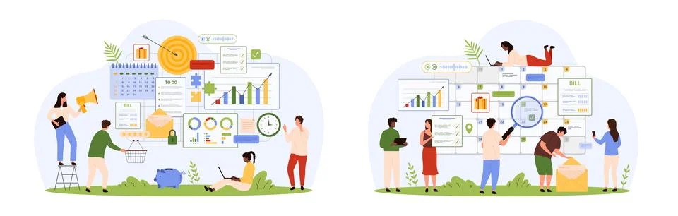 Project organization, planning process set, tiny people plan daily tasks on Illustrazione stock