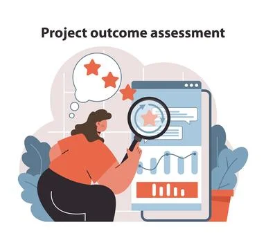 Project Outcome Analysis. Manager scrutinizes performance data, pinpointing. イラスト素材